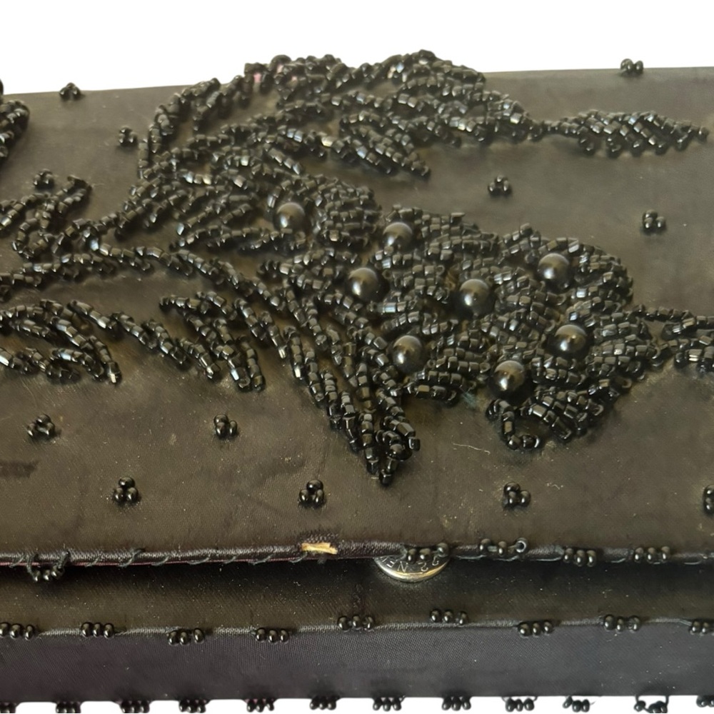 Vintage Hong Kong Hand Made Black Beaded Clutch Bag Satin Snap Closure 60s 70s - Picture 2 of 10